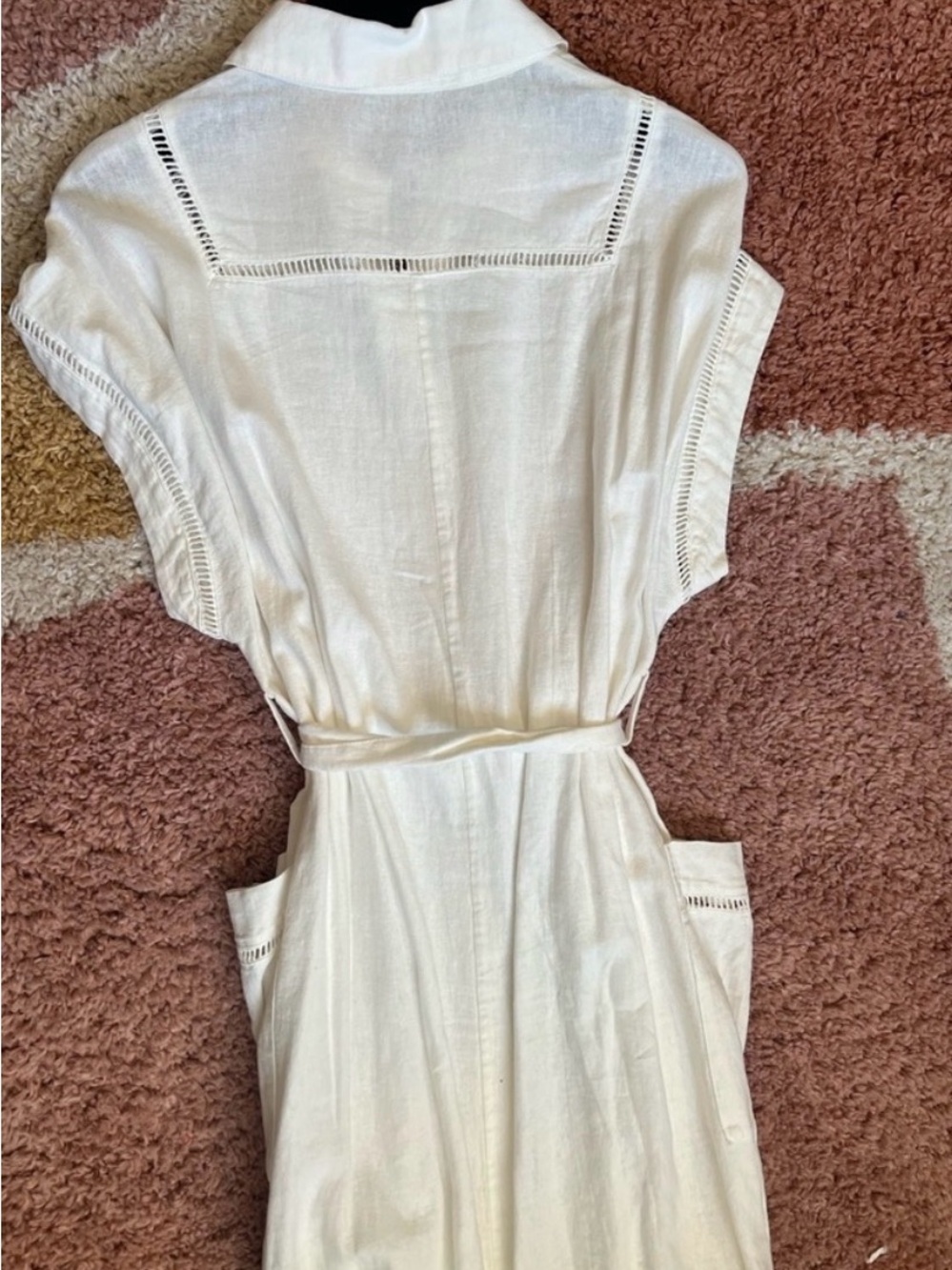 ZARA Linen Blend Lace Insert Belted Button Down Cream Midi Dress Size S - Picture 9 of 10
